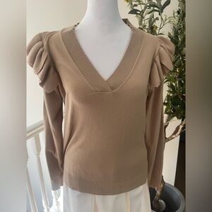 Truth Tan V-Neck Sweater with Ruffle Detail